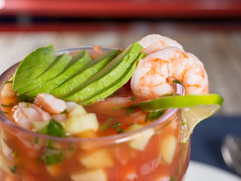 Mexican Shrimp Cocktail with avocado, cucumber, lime, cilantro and red chile