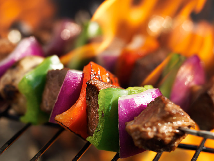 Grilled sirloin steak kabobs on skewers