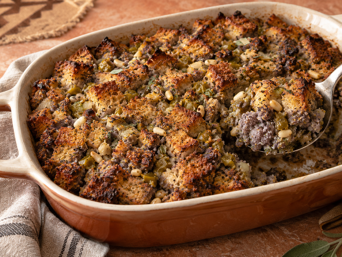Blue corn dressing with roasted green chile and toasted pine nuts in a ceramic baking dish