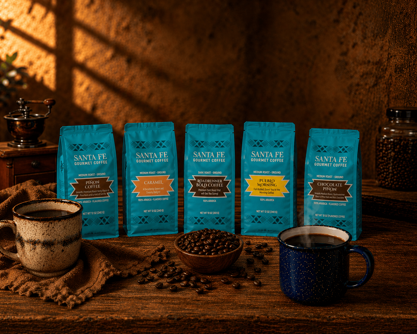 Santa Fe Gourmet coffee flavors on a wooden table with coffee beans and a brewed cup of coffee