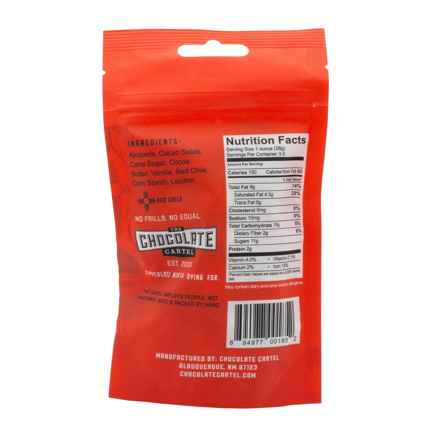 Chocolate Cartel Dark Chocolate & Red Chile Almonds, back label with ingredients and nutrition facts