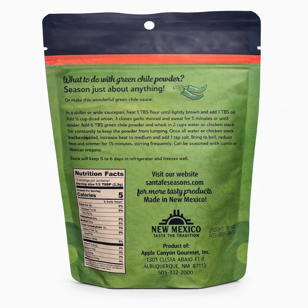 Santa Fe Seasons Hatch Certified Green Chile Powder, Hot, back label with nutrition facts