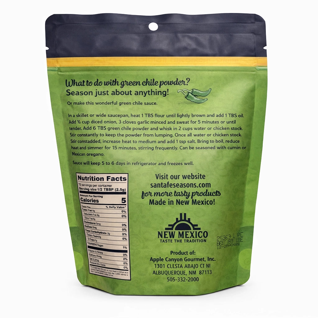 Santa Fe Seasons Hatch Certified Green Chile Powder, Medium, back label with nutrition facts
