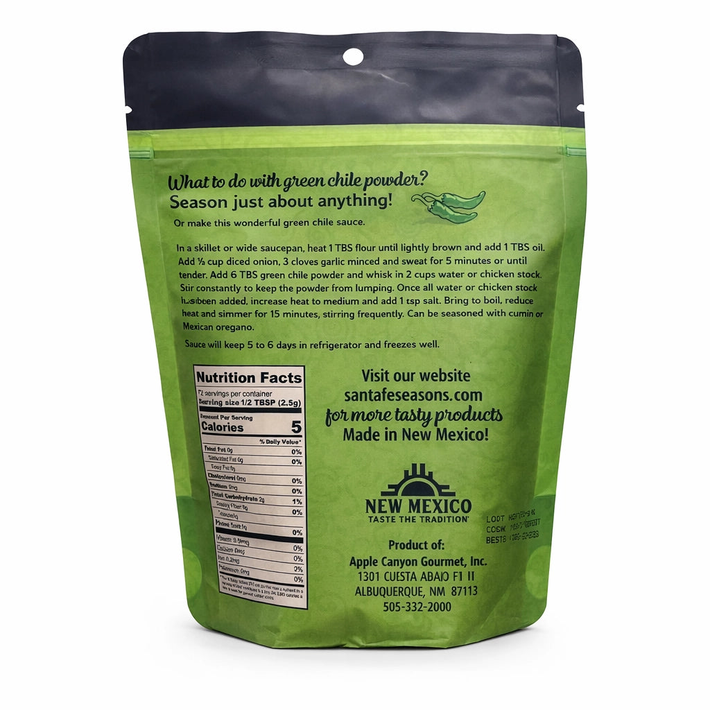 Santa Fe Seasons Hatch Certified Green Chile Powder, Mild, back label with nutrition facts