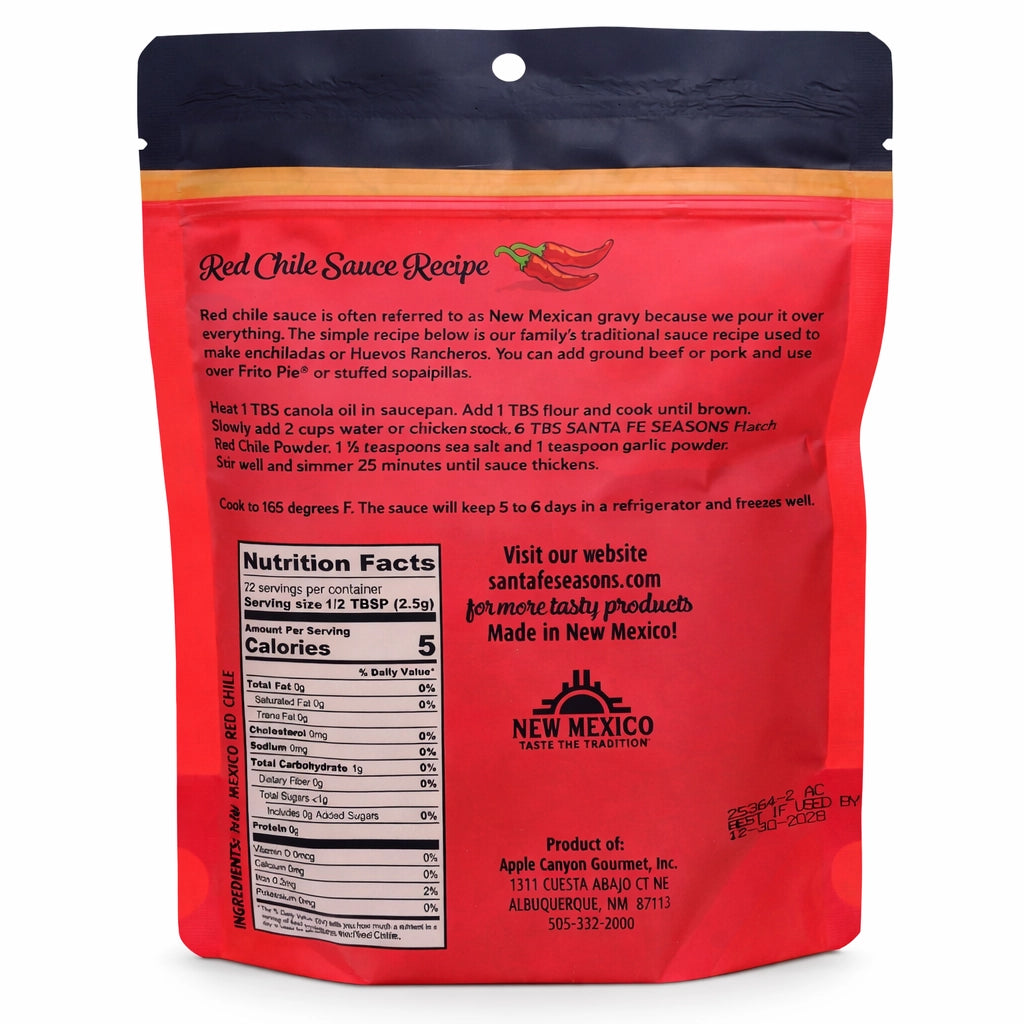 Santa Fe Seasons Hatch Certified Red Chile Powder, Medium, back label with nutrition facts