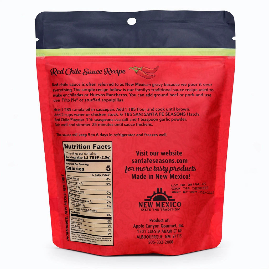 Santa Fe Seasons Hatch Certified Red Chile Powder, Mild, back label with nutrition facts