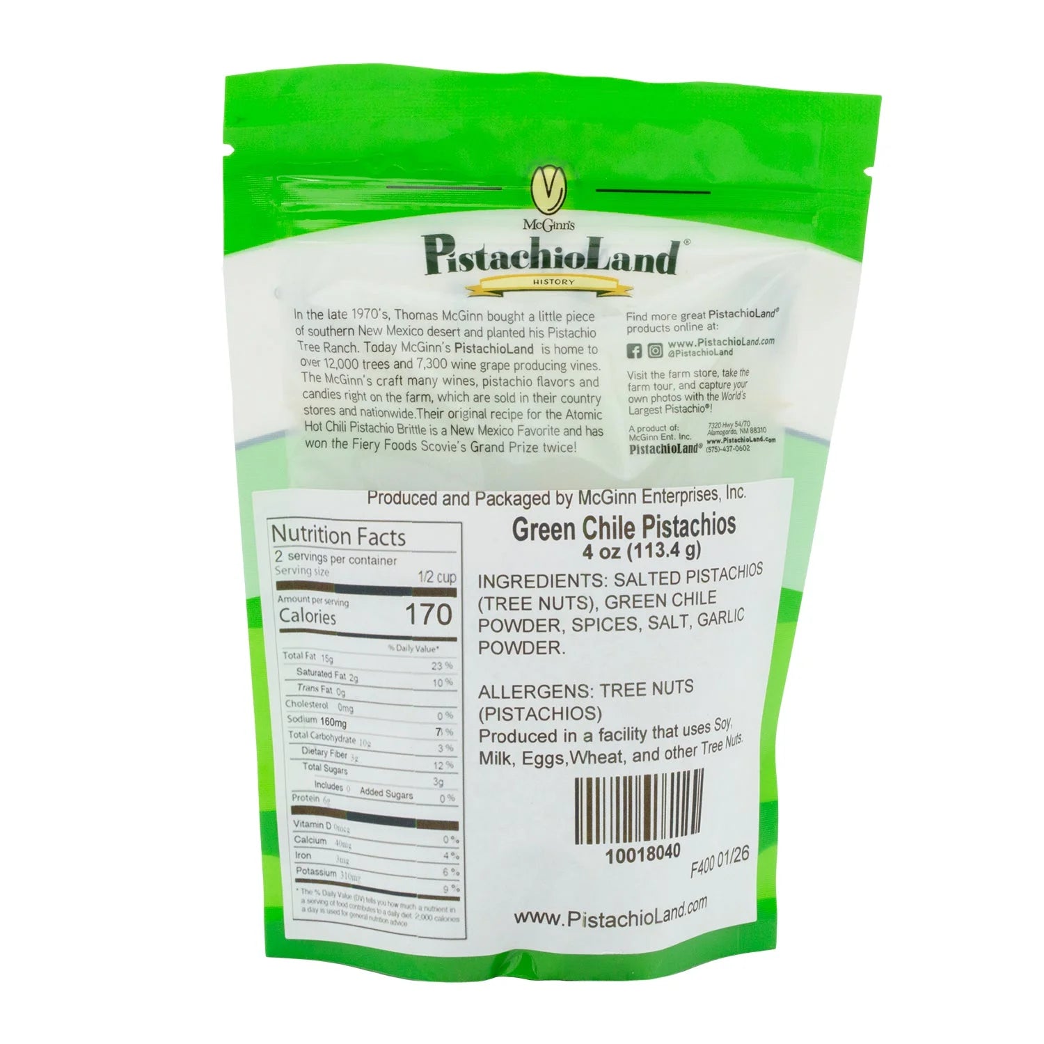 McGinn's PistachioLand Green Chile Pistachios, back of bag with ingredients
