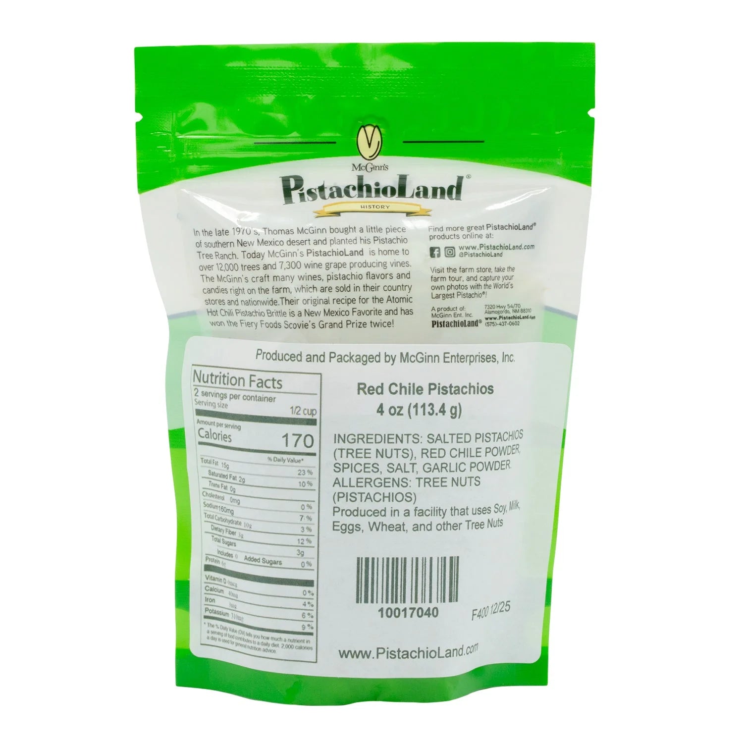 McGinn's PistachioLand Red Chile Pistachios, back of bag with ingredients