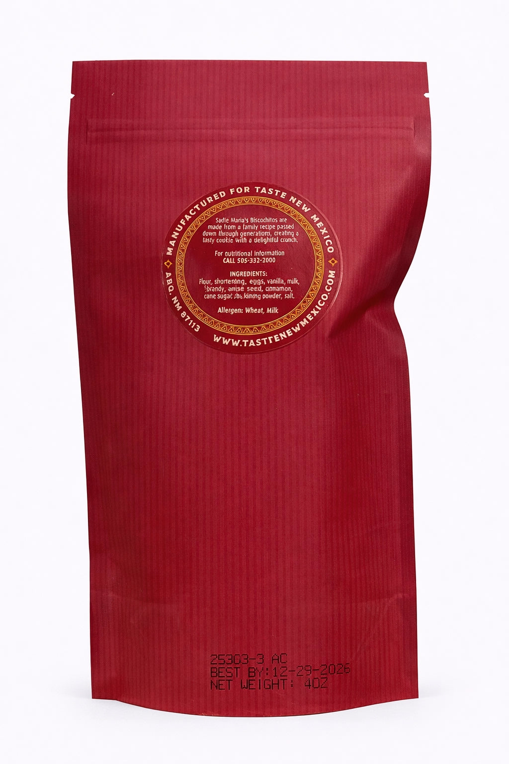 New Mexico Biscochitos, 4 oz, back of package with ingredients