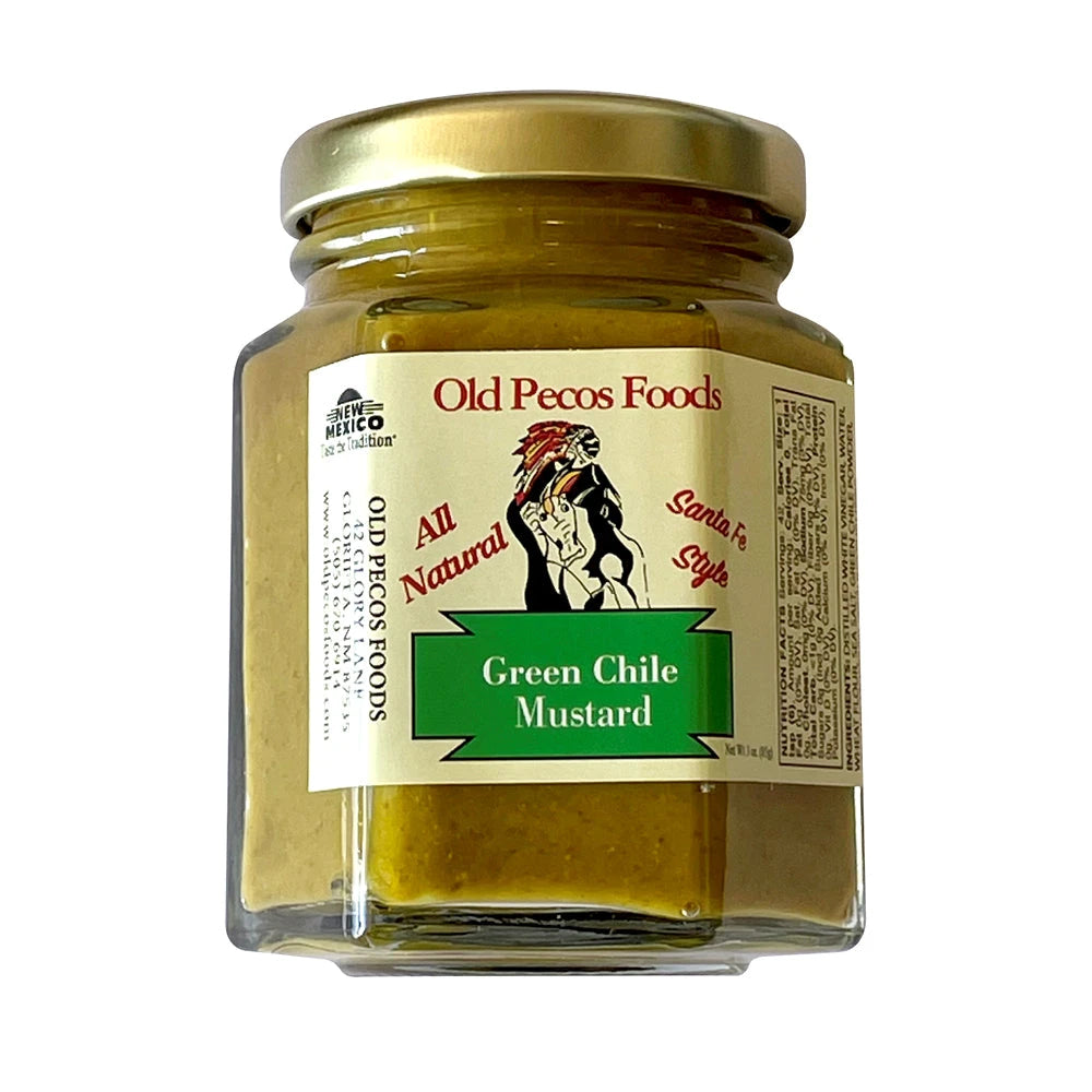 Old Pecos Foods Gourmet Green Chile Mustard, front of jar