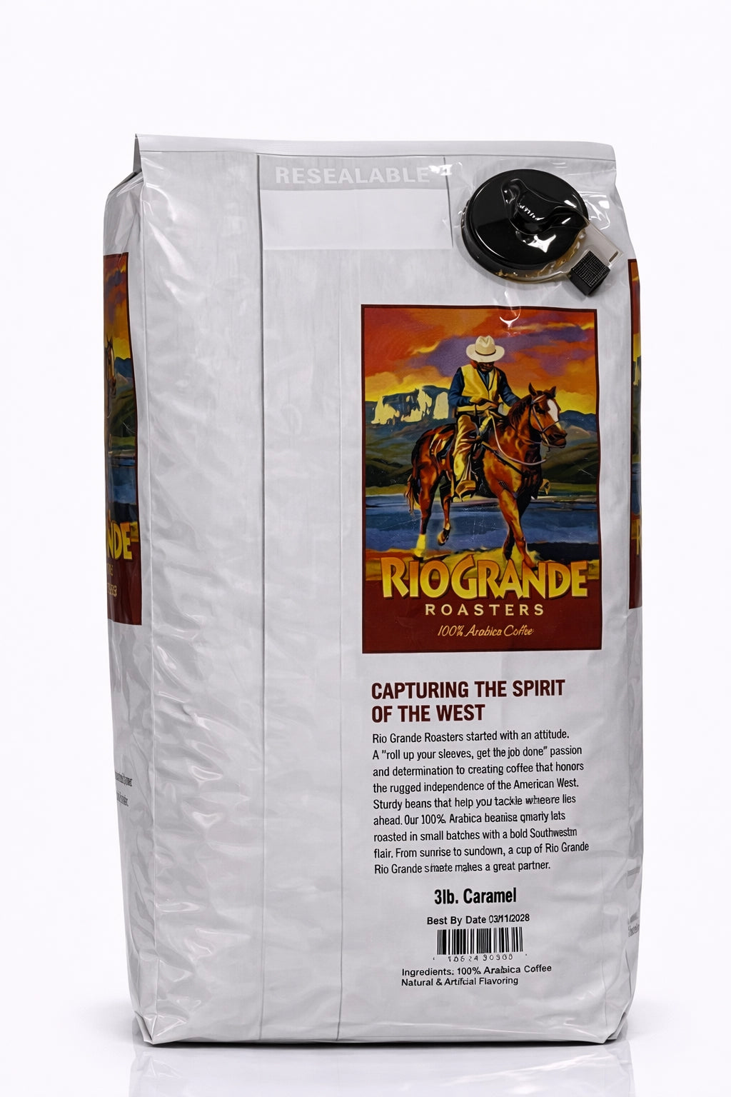 Rio Grande Roasters Whole Bean Caramel Coffee 3 lb bag, back label with nutrition facts