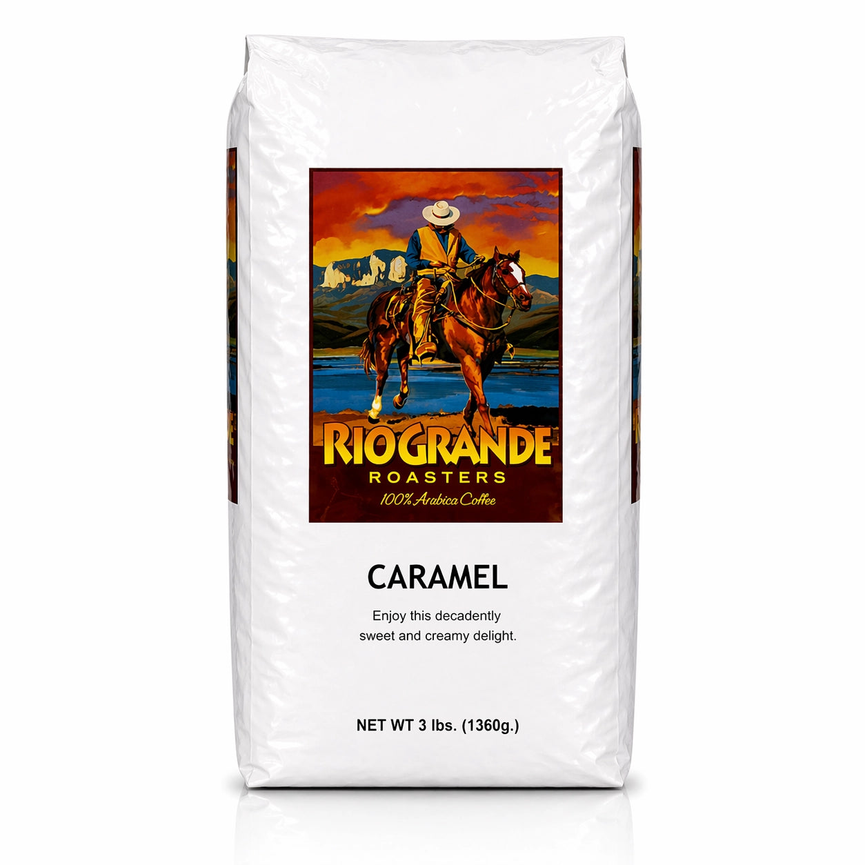 Rio Grande Roasters Whole Bean Caramel Coffee 3 lb bag, front view