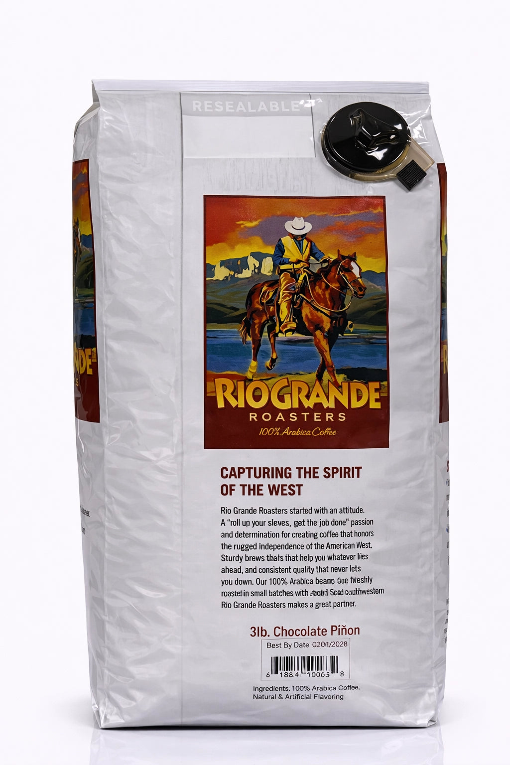 Rio Grande Roasters Whole Bean Chocolate Piñon Coffee 3 lb bag, back label with nutrition facts