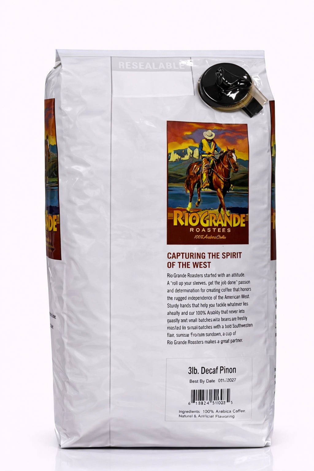 Rio Grande Roasters Whole Bean Decaf Piñon Coffee 3 lb bag, back label with nutrition facts
