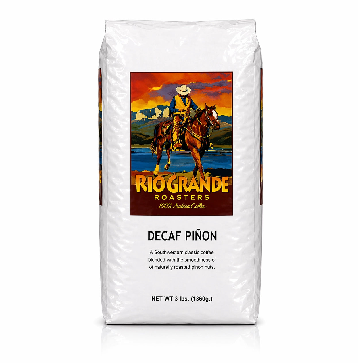 Rio Grande Roasters Whole Bean Decaf Piñon Coffee 3 lb bag, front view