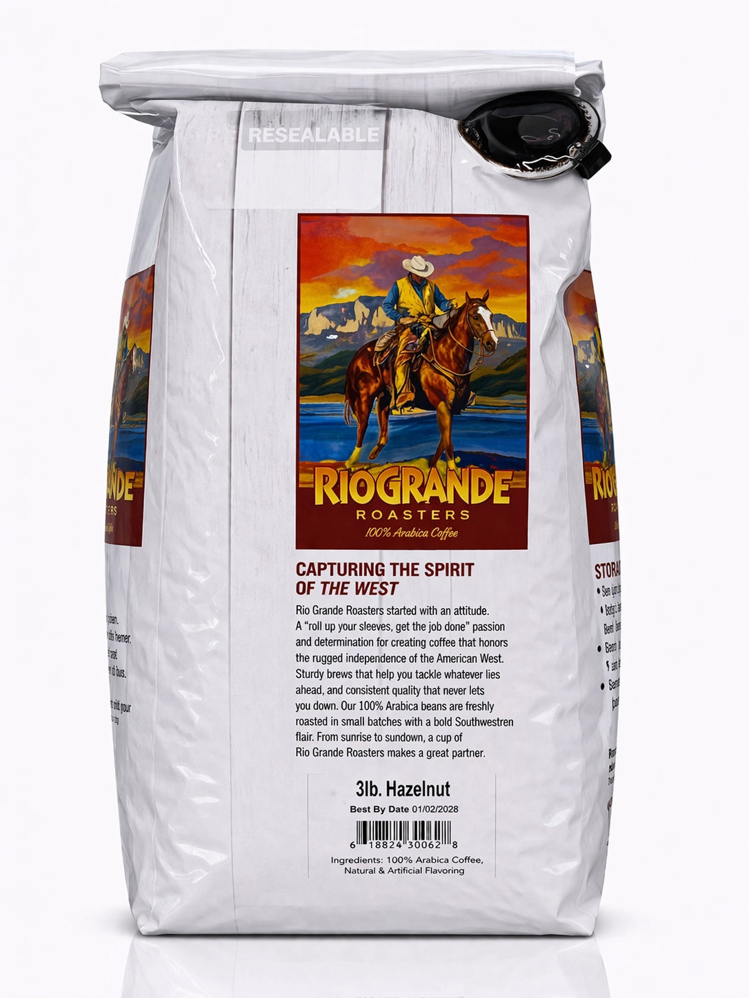 Rio Grande Roasters Whole Bean Hazelnut Coffee 3 lb bag, back label with nutrition facts