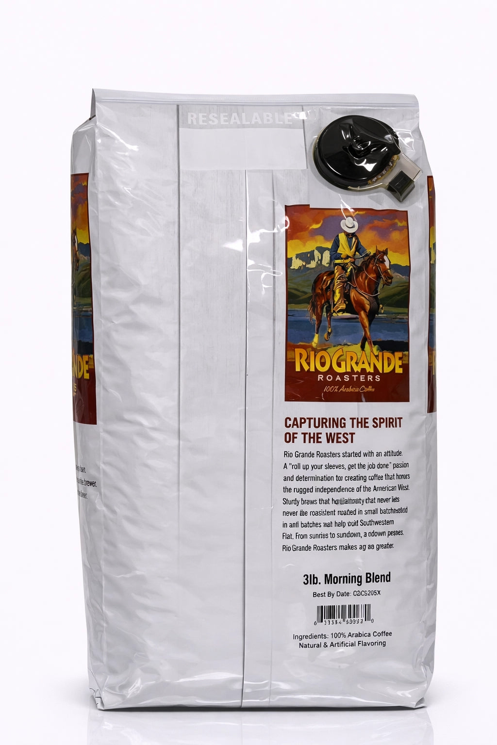Rio Grande Roasters Whole Bean Morning Blend Coffee 3 lb bag, back label with nutrition facts