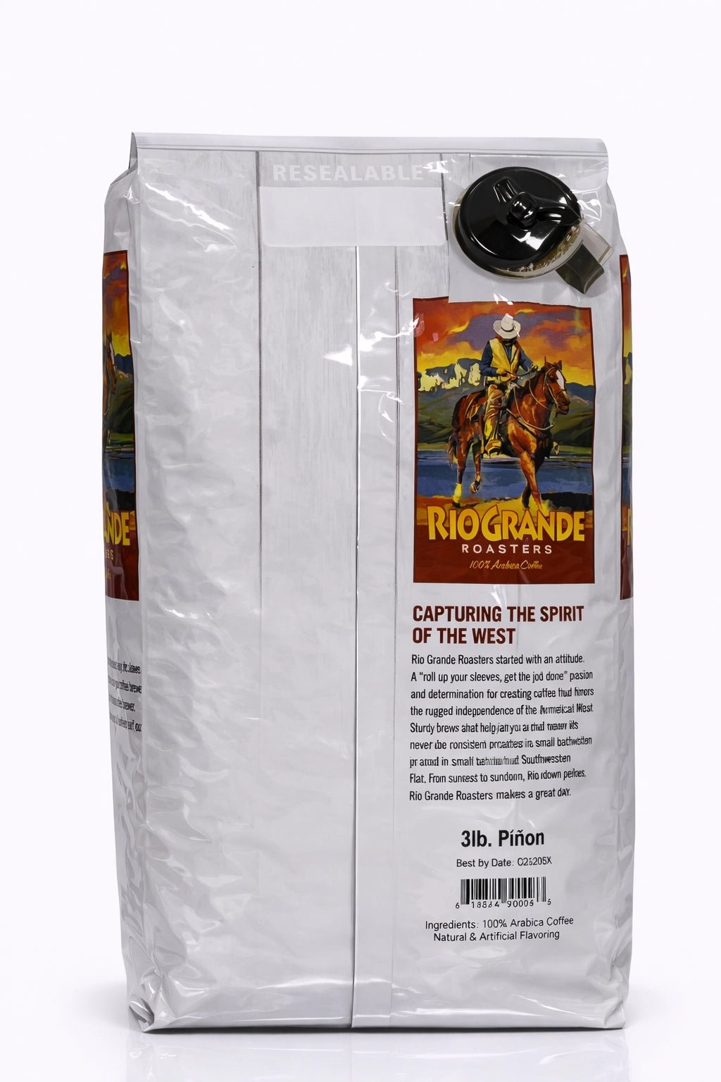 Rio Grande Roasters Whole Bean Piñon Coffee 3 lb bag, back label with nutrition facts