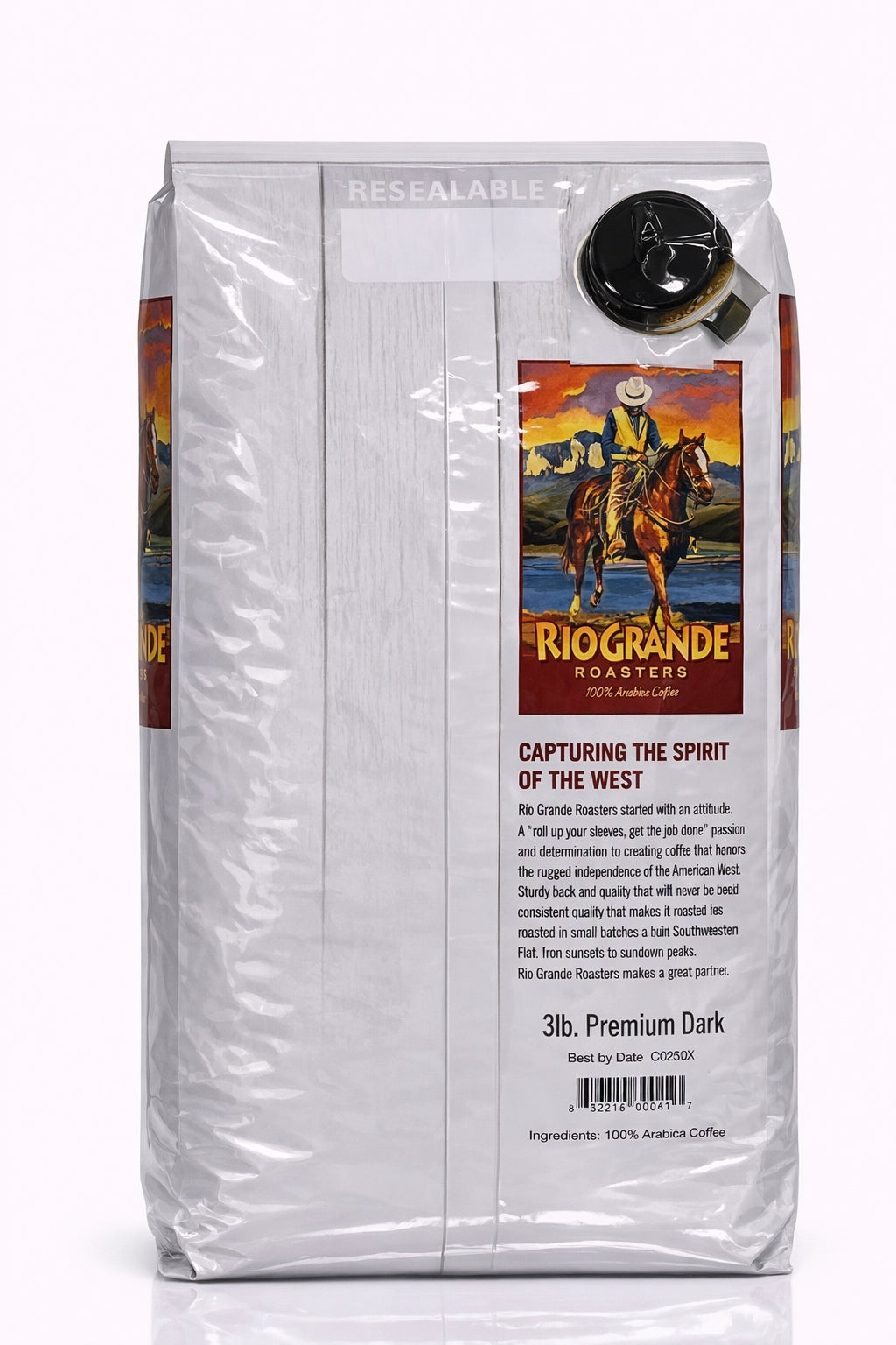 Rio Grande Roasters Whole Bean Premium Dark Coffee 3 lb bag, back label with nutrition facts