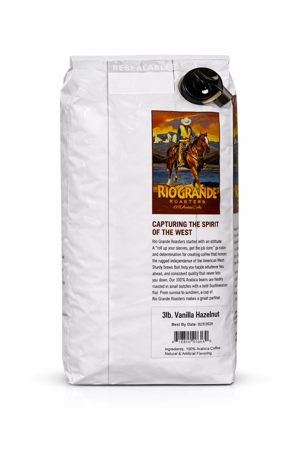Rio Grande Roasters Whole Bean Vanilla Hazelnut Coffee 3 lb bag, back label with nutrition facts