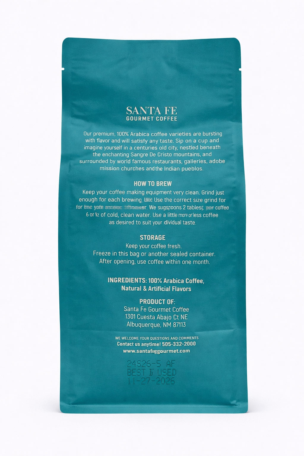 Santa Fe Gourmet Caramel Coffee, Ground, back label with nutrition facts