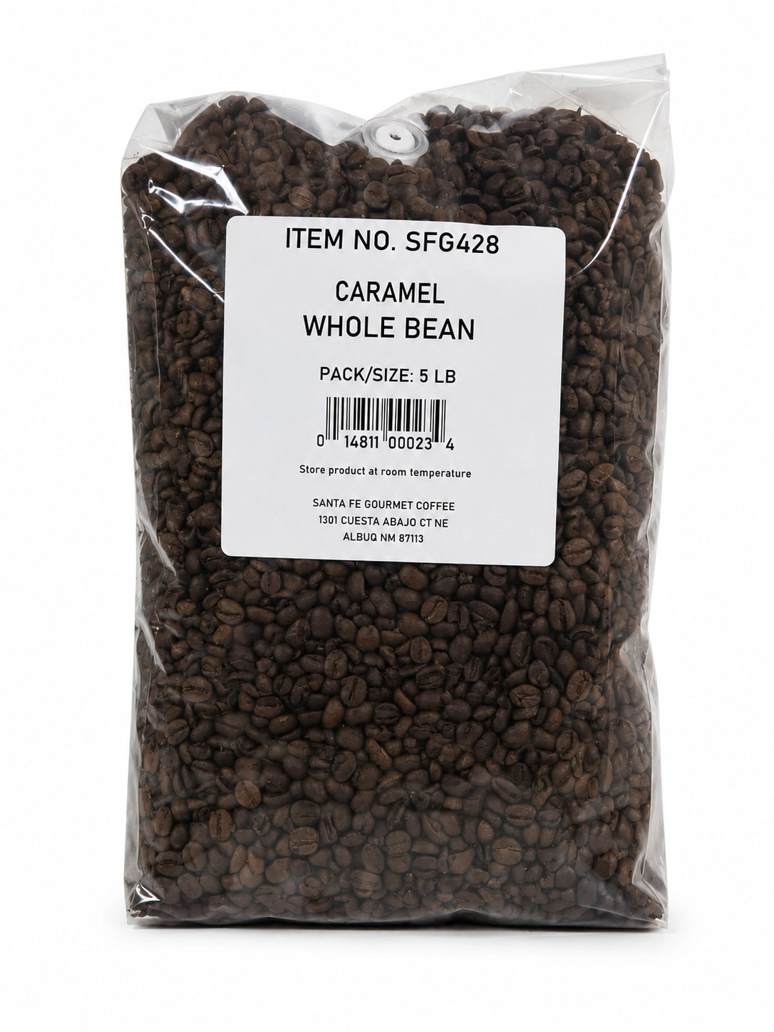 Santa Fe Gourmet Caramel Coffee, Whole Bean, 5 lb bag, front view
