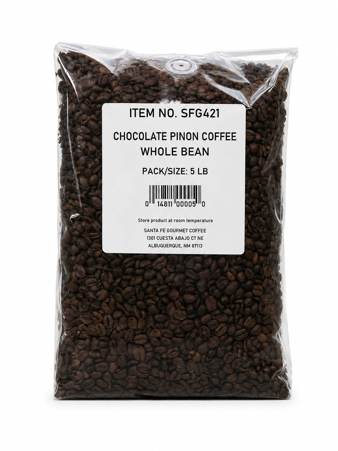 Santa Fe Gourmet Chocolate Piñon Coffee, Whole Bean, 5 lb bag, front view