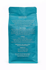 Santa Fe Gourmet Chocolate Piñon Coffee, Whole Bean, back label with nutrition facts