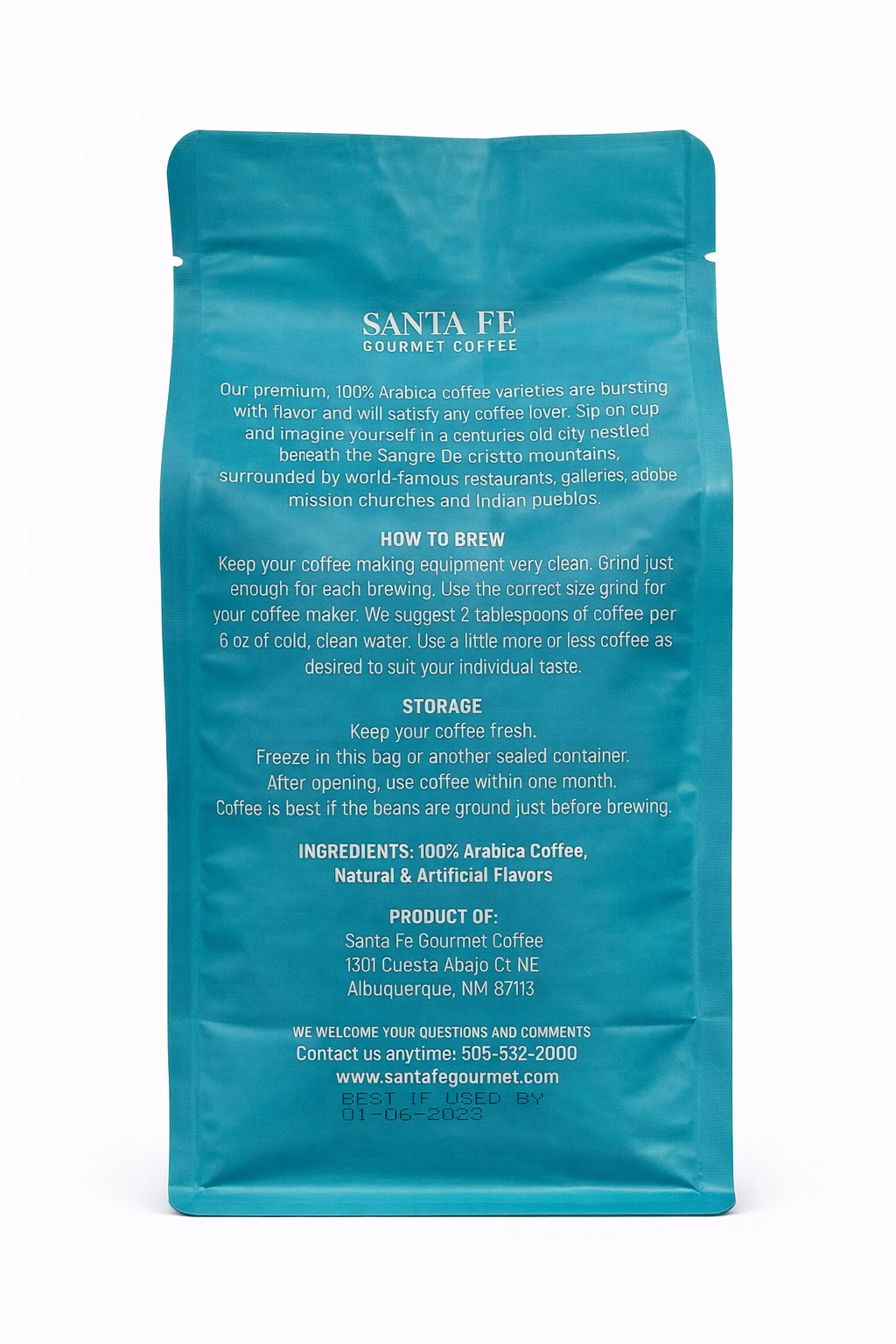 Santa Fe Gourmet Chocolate Piñon Coffee, Whole Bean, back label with nutrition facts