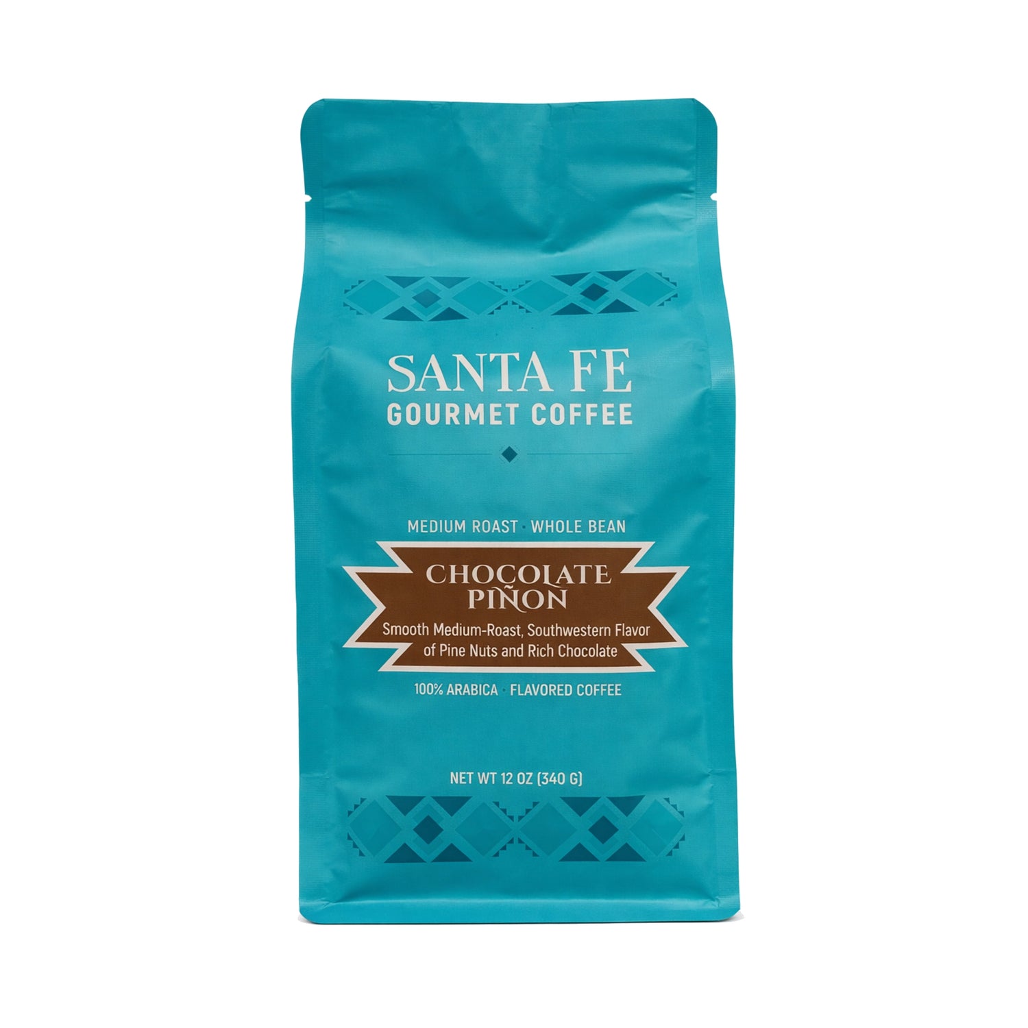 Santa Fe Gourmet Chocolate Piñon Coffee, Whole Bean, front of bag