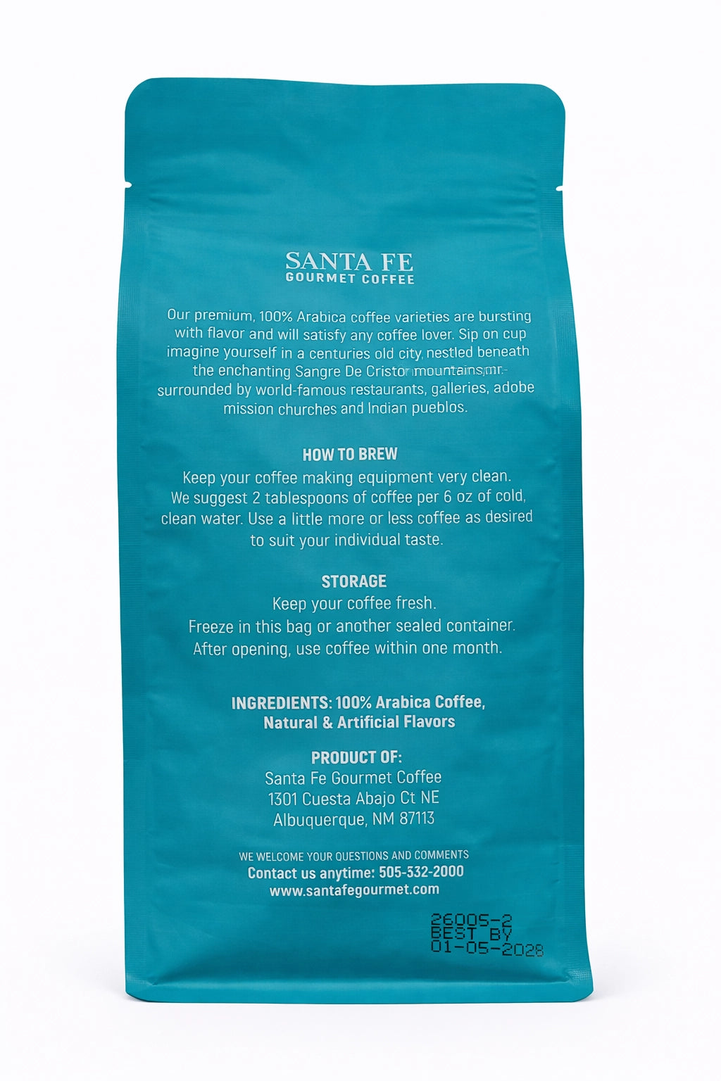 Santa Fe Gourmet Piñon Coffee, Ground, back label with nutrition facts