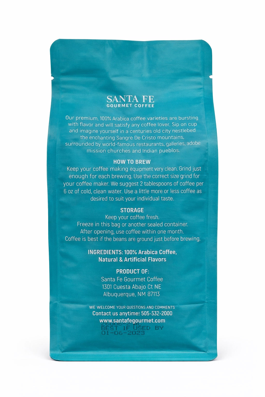 Santa Fe Gourmet Piñon Coffee, Whole Bean, back label with nutrition facts