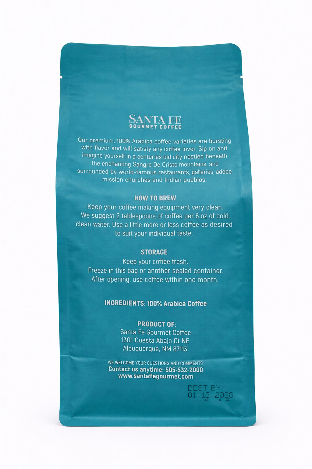 Santa Fe Gourmet Pueblo Morning Coffee, Ground, back label with nutrition facts