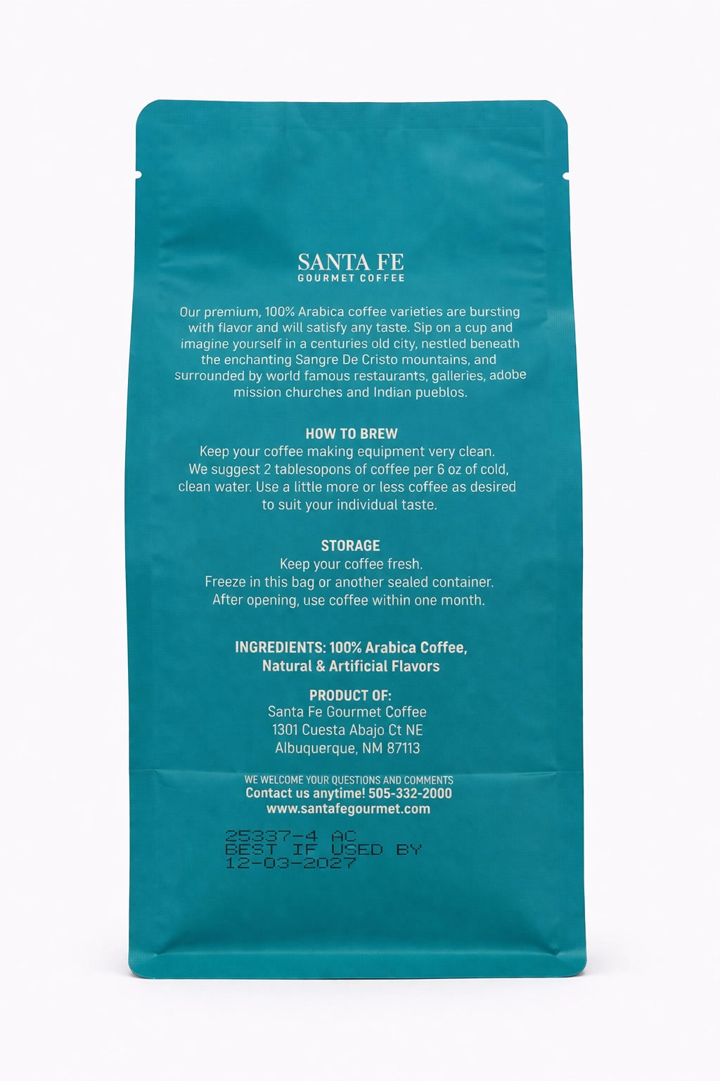 Santa Fe Gourmet Vanilla Hazelnut Coffee, Ground, back label with nutrition facts