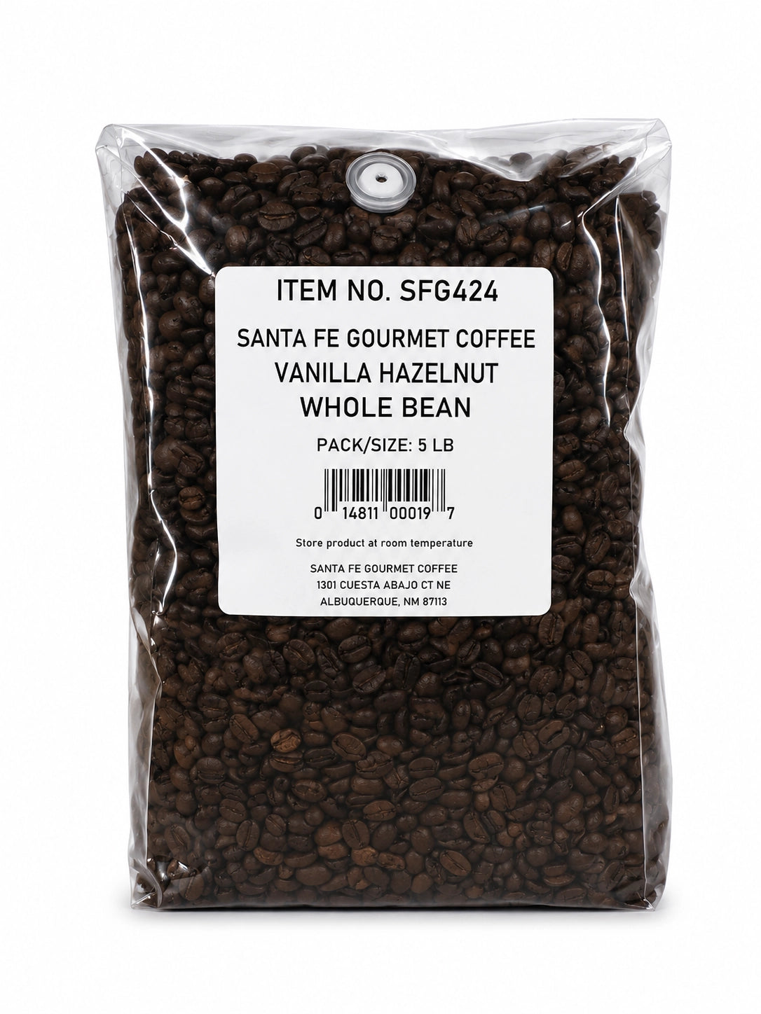 Santa Fe Gourmet Vanilla Hazelnut Coffee, Whole Bean, 5 lb bag, front view