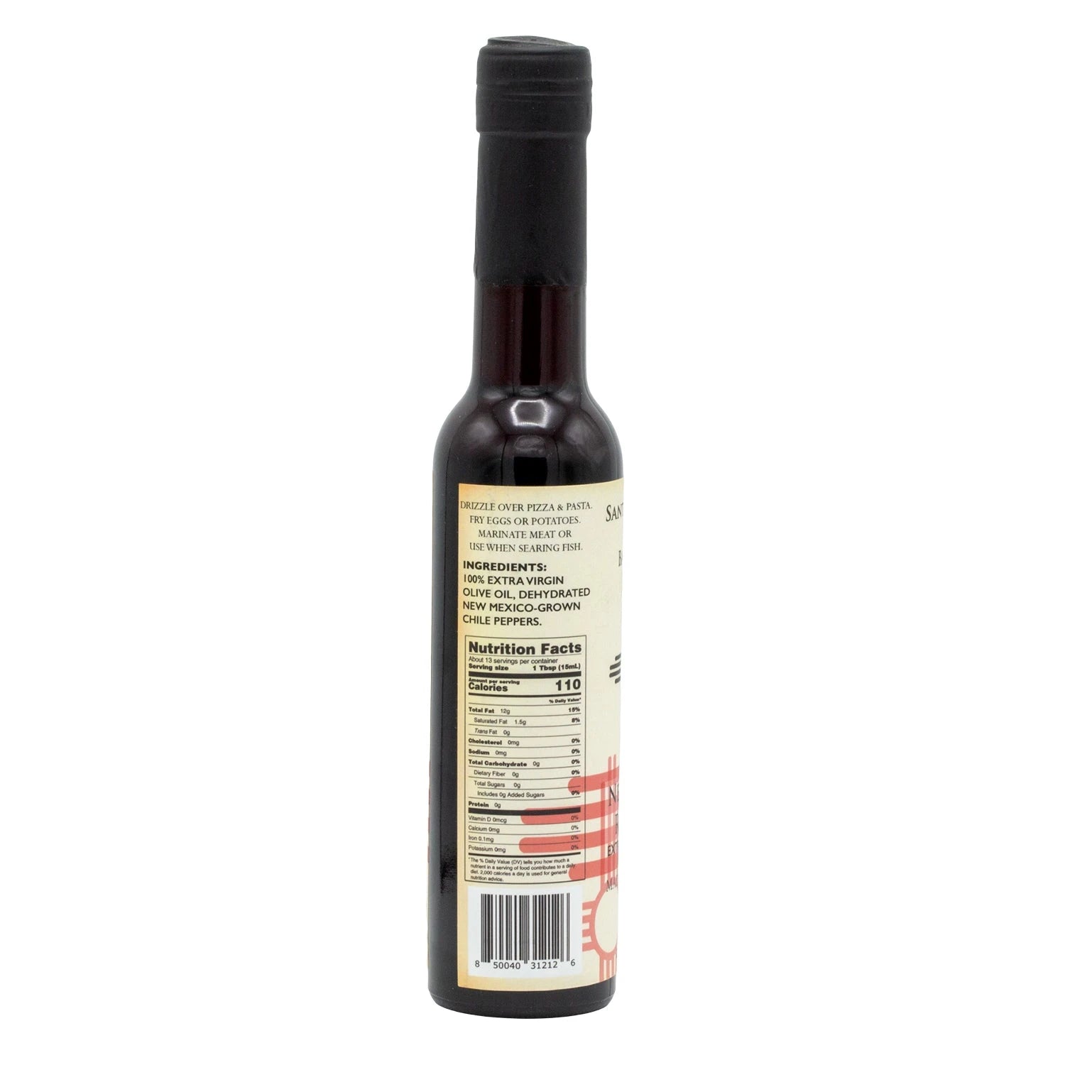 Santa Fe Olive Oil & Balsamic Co. New Mexico Red Chile Extra Virgin Olive Oil, back label with ingredients and nutrition facts