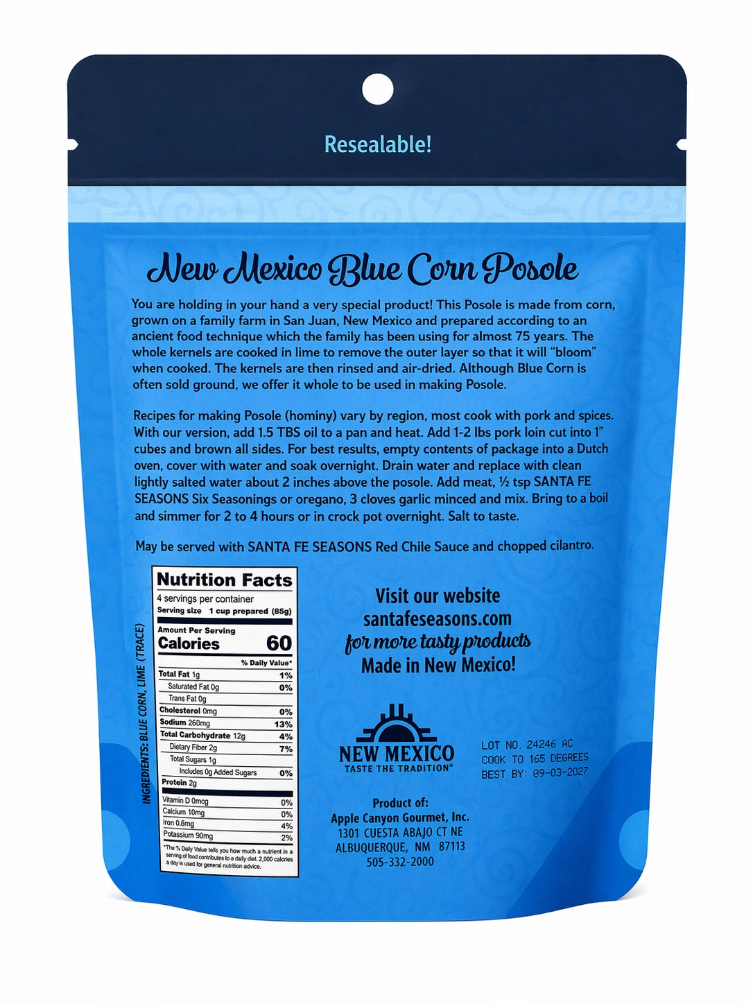 Santa Fe Seasons Blue Corn Posole, ingredients label