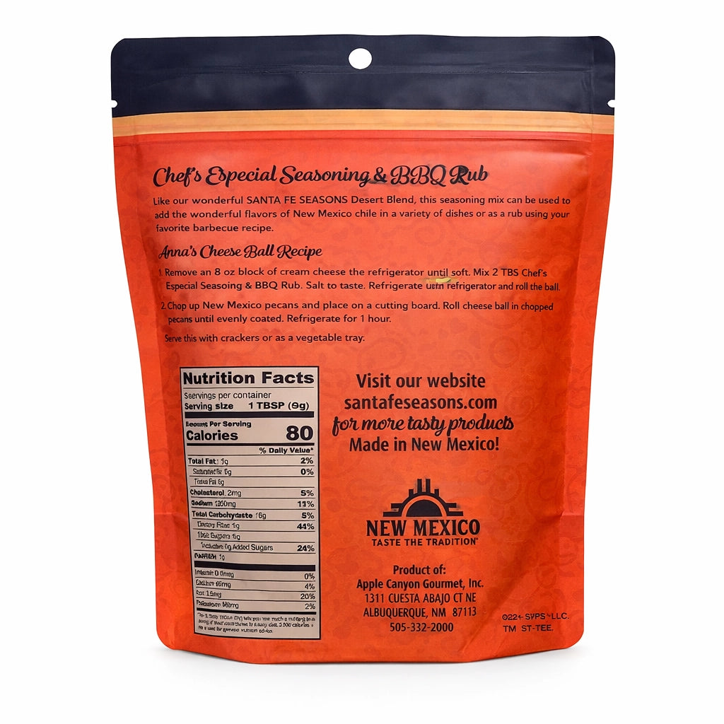 Santa Fe Seasons Chef's Especial BBQ Rub & Seasoning, back label with ingredients