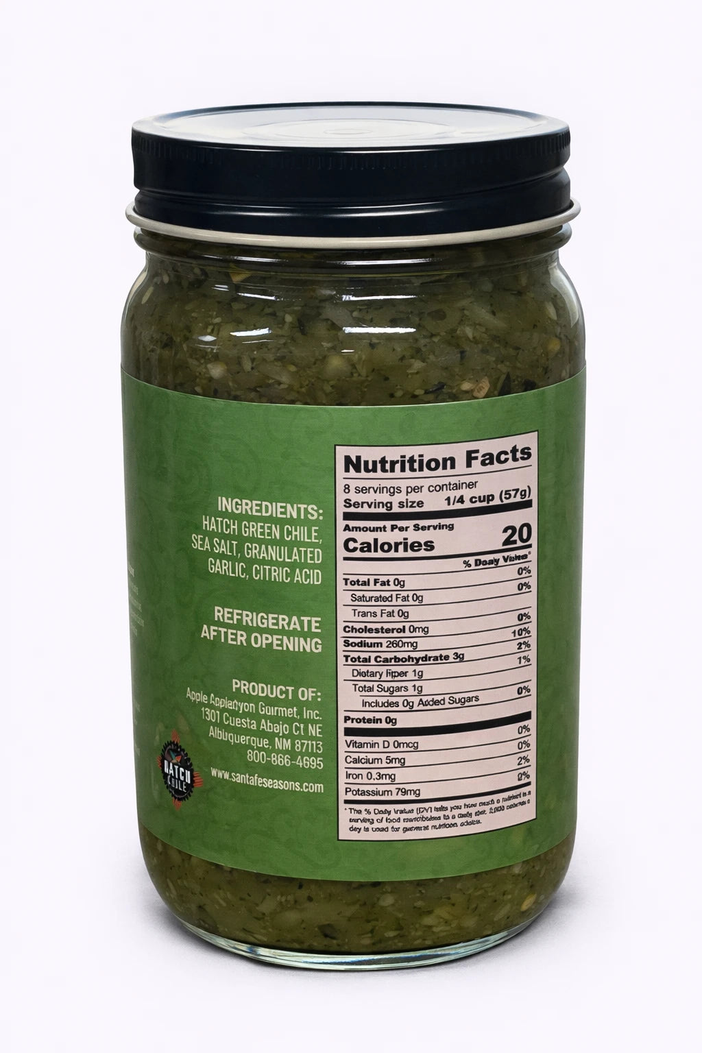Santa Fe Seasons Flame Roasted Hatch Green Chile, Hot heat level, ingredient list