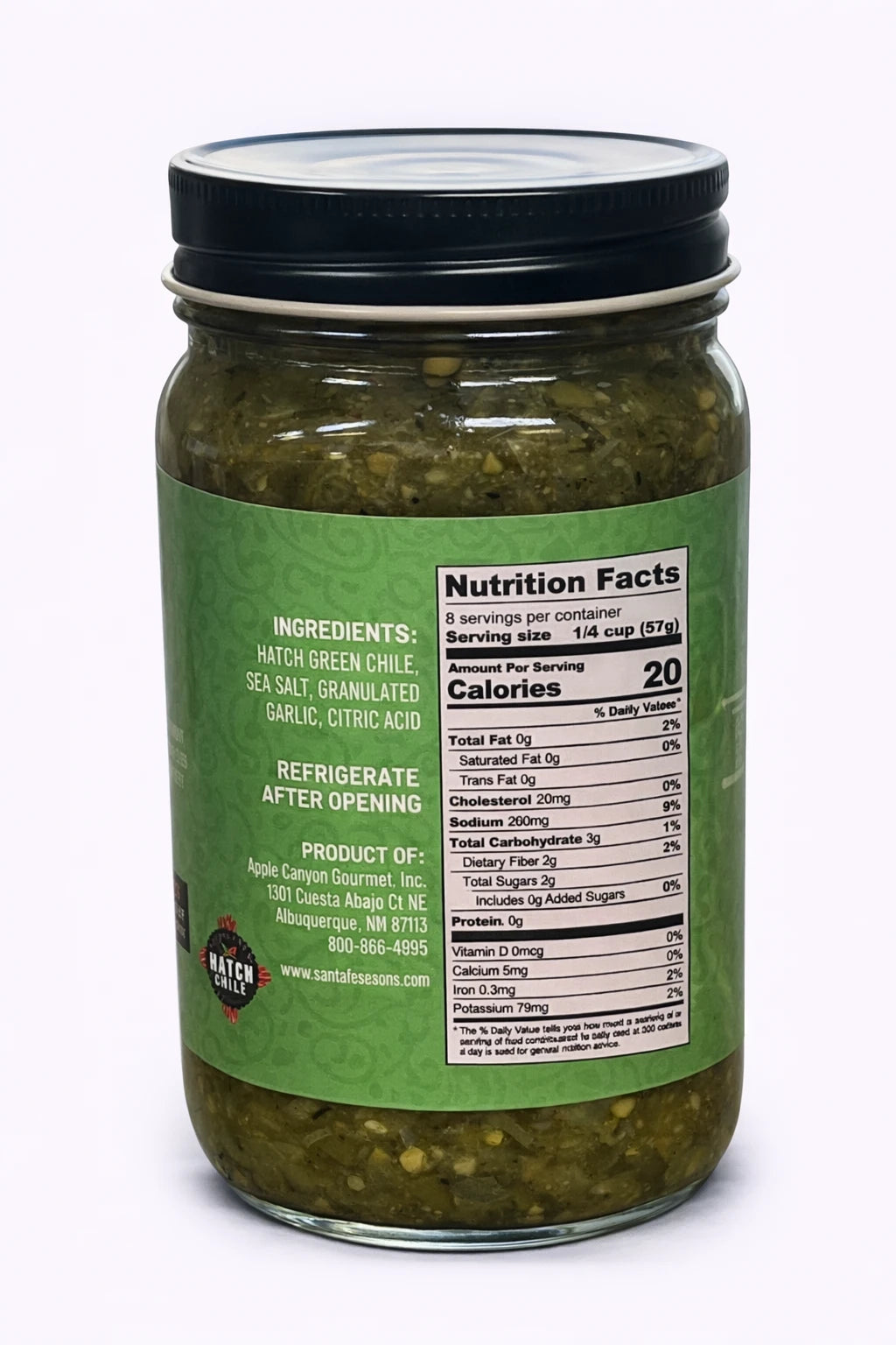Santa Fe Seasons Flame Roasted Hatch Green Chile, Medium heat, ingredient list