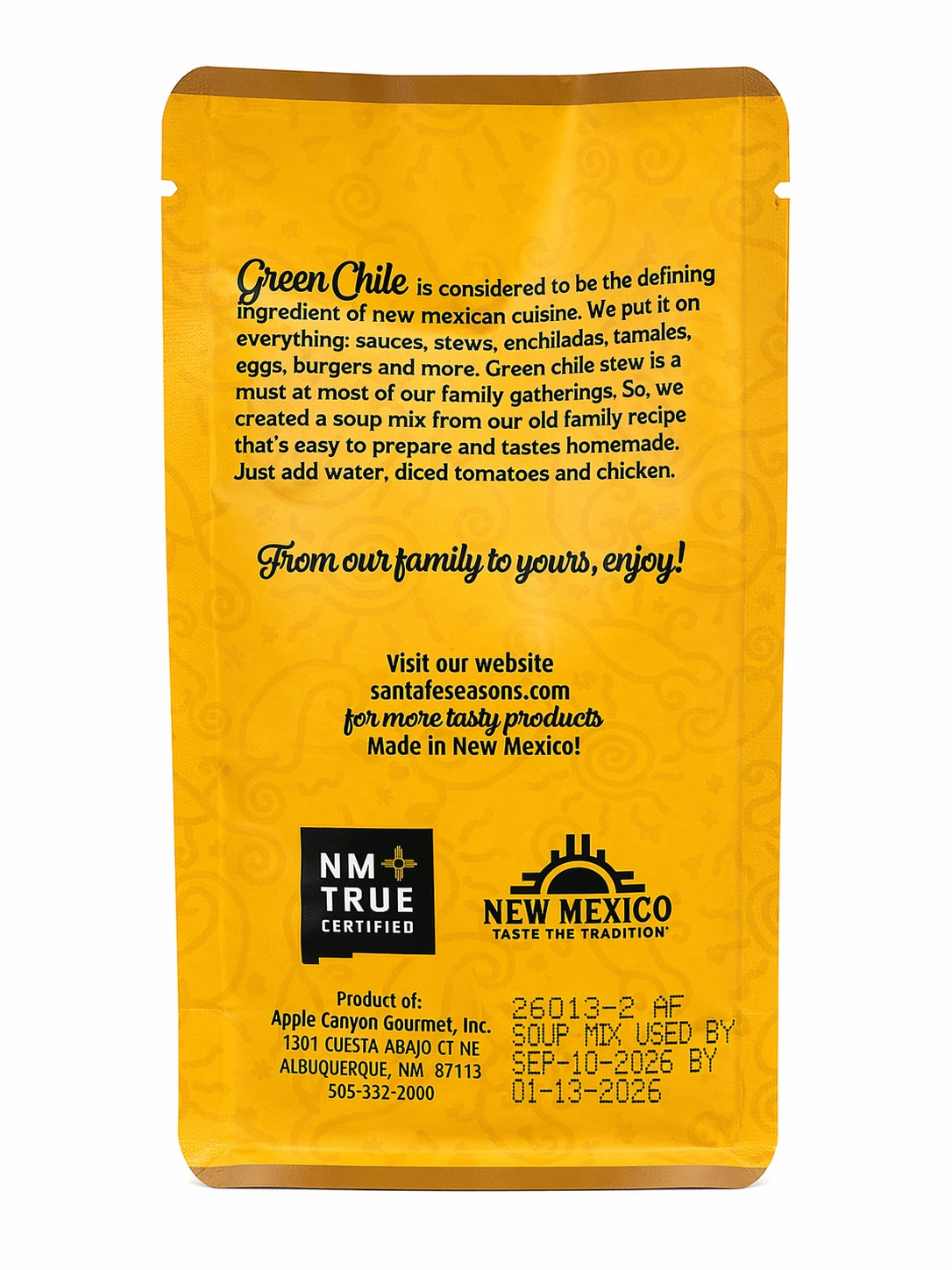 Santa Fe Seasons Hatch Green Chile Chicken Soup Mix, recipe suggestion card