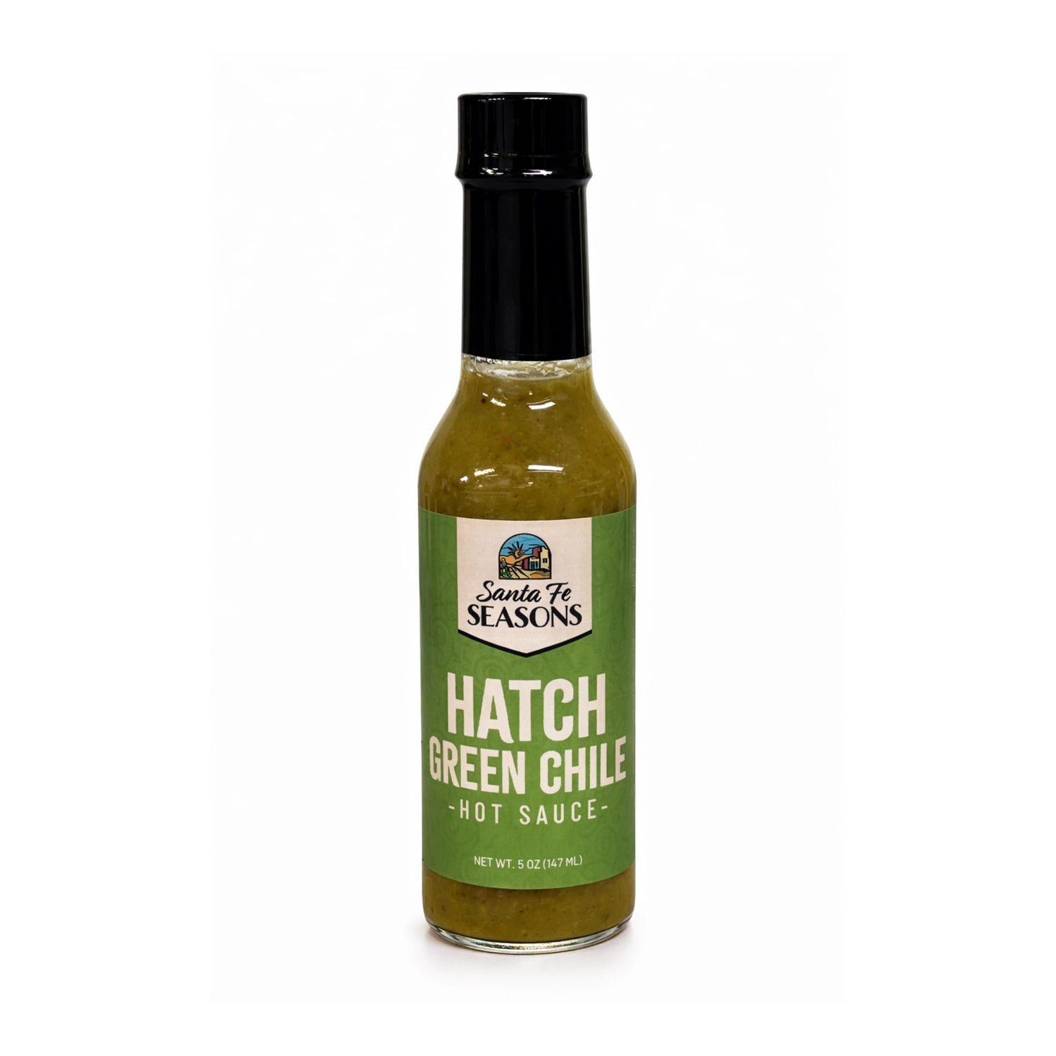Santa Fe Seasons Green Chile Hot Sauce, front of bottle