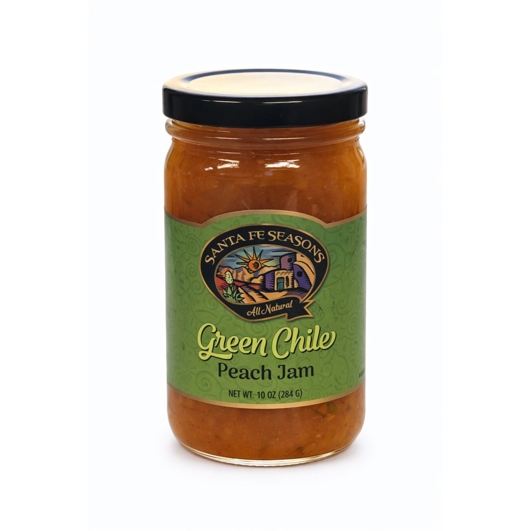 Santa Fe Seasons Green Chile Peach Jam, front of jar