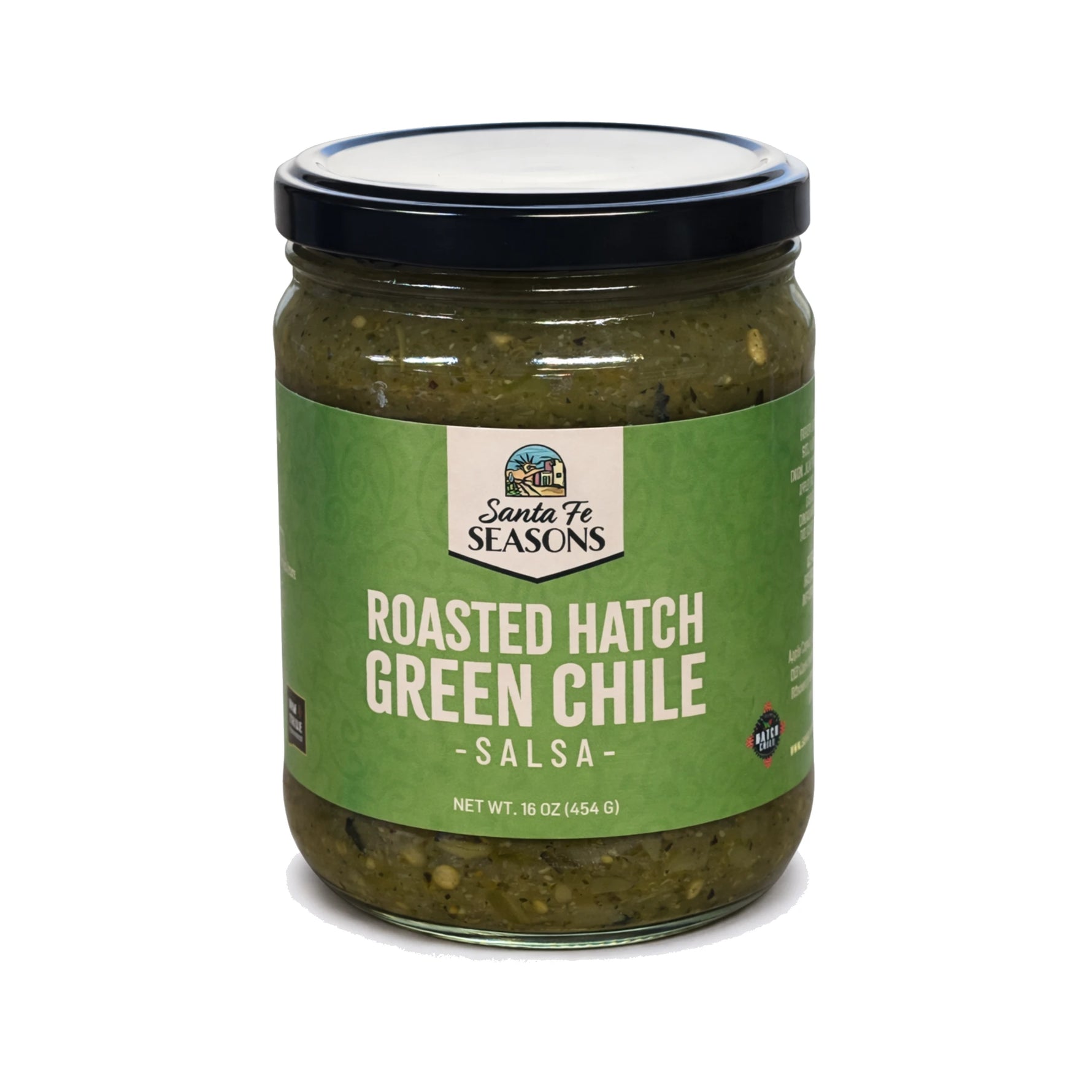 Santa Fe Seasons Hatch Fire Roasted Green Chile Salsa, front of jar