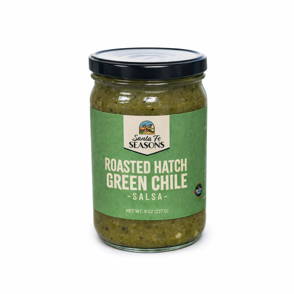 Santa Fe Seasons Hatch Fire Roasted Green Chile Salsa, front of jar
