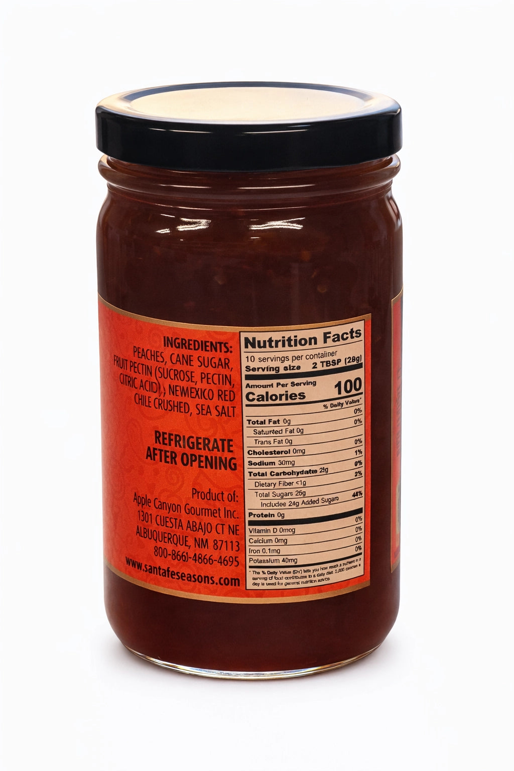 Santa Fe Seasons Red Chile Peach Jam, ingredients label