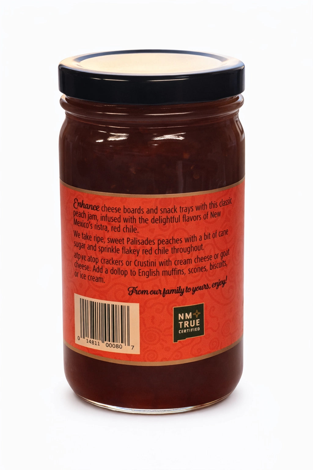Santa Fe Seasons Red Chile Peach Jam, recipe suggestion card