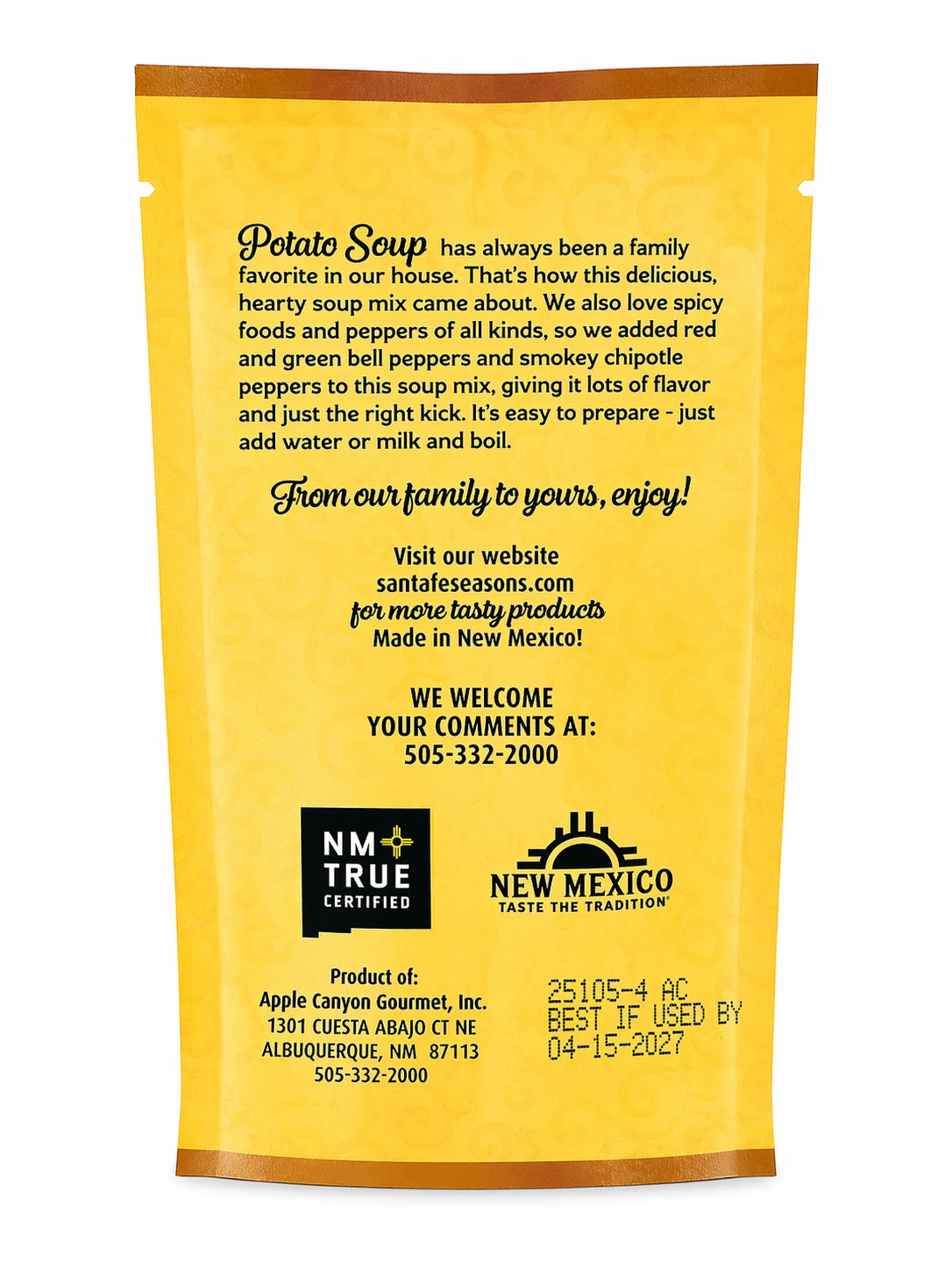 Santa Fe Seasons Spicy Potato Soup Mix, recipe suggestion card