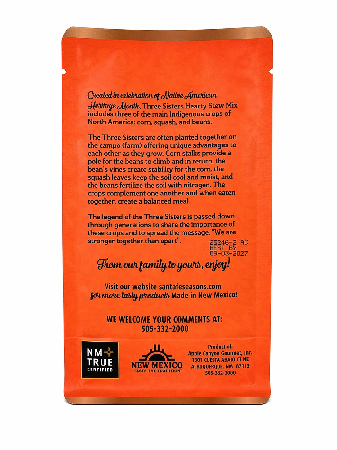 Santa Fe Seasons Three Sisters Hearty Stew Mix, recipe suggestion card