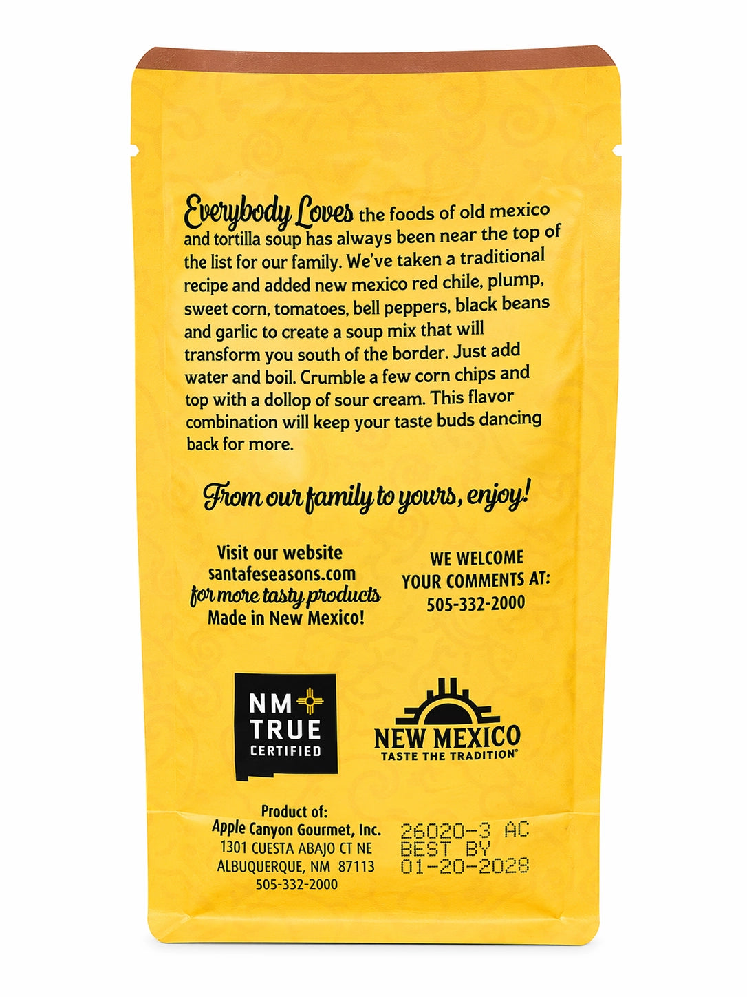 Santa Fe Seasons Traditional Tortilla Soup Mix, recipe suggestion card